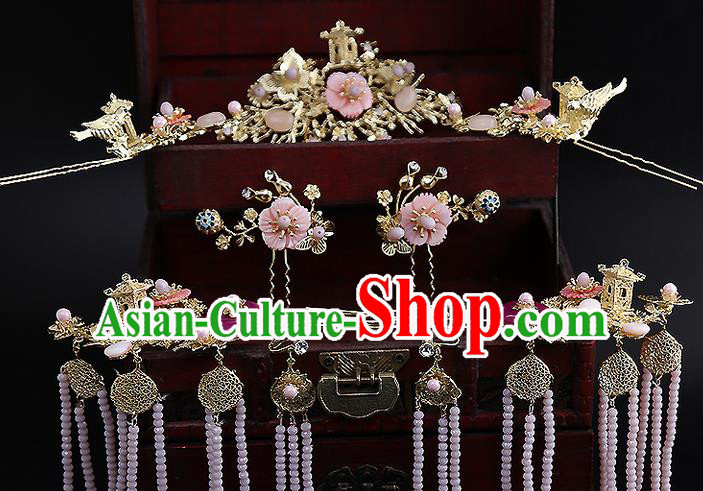 Top Grade Chinese Handmade Wedding Hair Accessories Golden Hairpins Complete Set, Traditional China Xiuhe Suit Bride Phoenix Coronet Hanfu Tassel Headdress Complete Set for Women