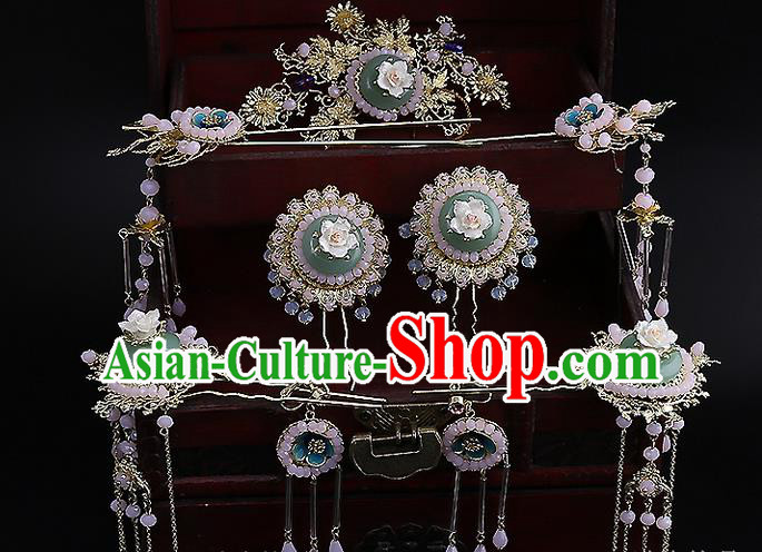 Top Grade Chinese Handmade Wedding Jade Hair Accessories Hair Comb, Traditional China Xiuhe Suit Bride Tassel Headdress Hairpins Complete Set for Women