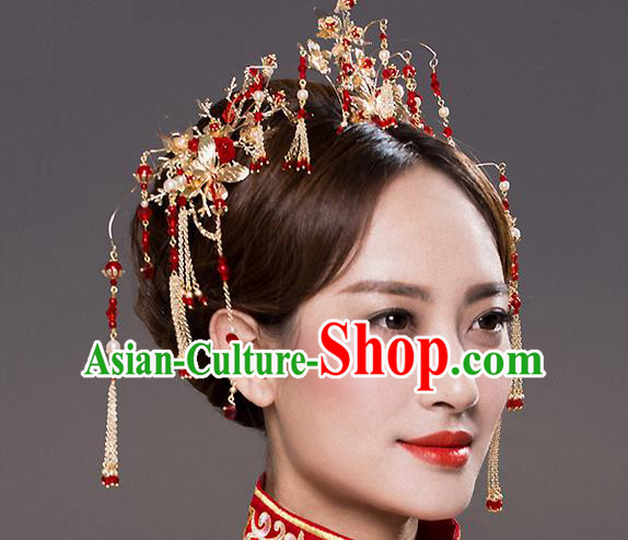 Top Grade Chinese Handmade Wedding Red Beads Hair Accessories Hair Comb, Traditional China Xiuhe Suit Bride Tassel Headdress Hairpins Complete Set for Women