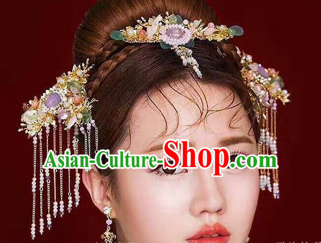 Top Grade Chinese Handmade Wedding Jade Hair Accessories Hair Combs, Traditional China Xiuhe Suit Bride Tassel Headdress Hairpins Complete Set for Women