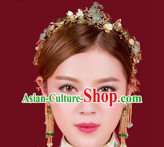 Top Grade Chinese Handmade Wedding Green Jade Hair Accessories Hair Combs, Traditional China Xiuhe Suit Bride Headdress Hairpins Complete Set for Women