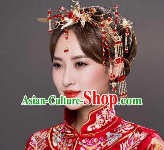 Top Grade Chinese Handmade Wedding Hair Accessories, Traditional China Xiuhe Suit Bride Tassel Hairpins Complete Set for Women