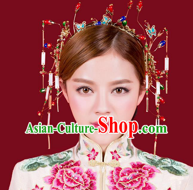 Top Grade Chinese Handmade Wedding Hair Accessories Hair Clasp, Traditional China Xiuhe Suit Bride Butterfly Hairpins Hanfu Tassel Headdress for Women