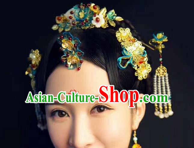 Top Grade Chinese Handmade Wedding Hair Accessories Hair Combs, Traditional China Xiuhe Suit Bride Hairpins Hanfu Tassel Headdress Complete Set for Women