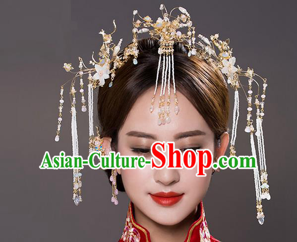 Top Grade Chinese Handmade Wedding Hair Accessories Frontlet Complete Set, Traditional China Xiuhe Suit Bride Hairpins Hanfu Tassel Headdress for Women