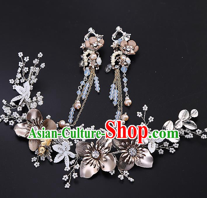 Top Grade Handmade Wedding Dragonfly Hair Accessories Bride Crystal Hair Clasp and Tassel Earrings, Traditional Baroque Princess Hair Stick Headband Headdress for Women