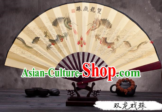 Traditional Chinese Ancient Peking Opera Accessories Scholar Ink Painting Dragon Fan, Traditional Chinese Beijing Opera Young Men Props Folding Fans