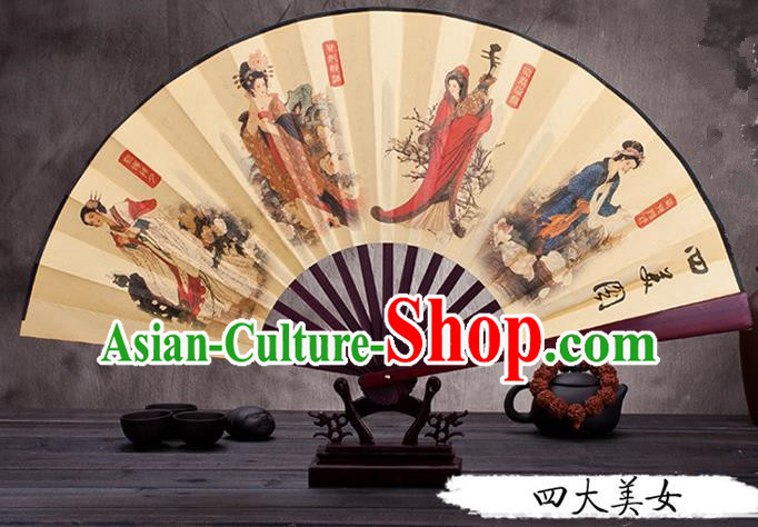 Traditional Chinese Ancient Peking Opera Accessories Scholar Ink Painting Four Great Beauties Fan, Traditional Chinese Beijing Opera Young Men Props Folding Fans