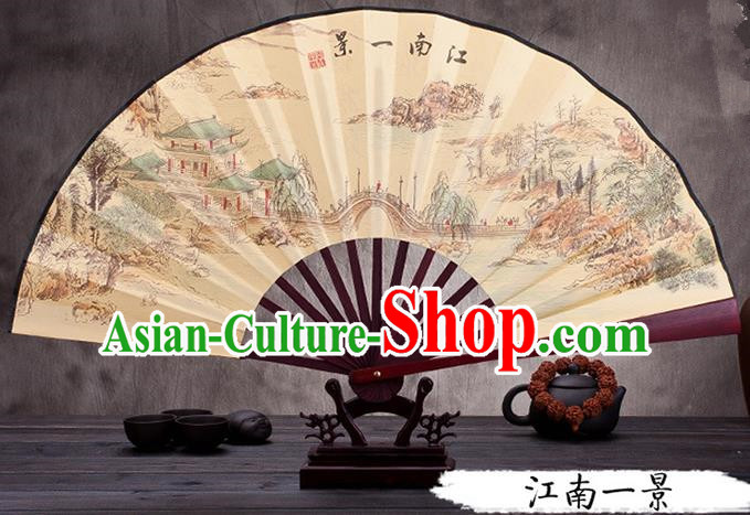 Traditional Chinese Ancient Peking Opera Accessories Scholar Ink Painting Jiangnan Scenery Fan, Traditional Chinese Beijing Opera Young Men Props Folding Fans