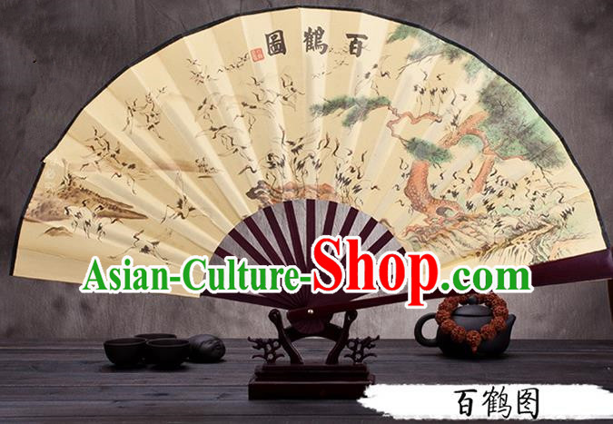 Traditional Chinese Ancient Peking Opera Accessories Scholar Ink Painting Cranes Fan, Traditional Chinese Beijing Opera Young Men Props Folding Fans