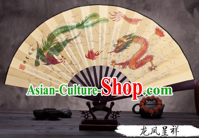 Traditional Chinese Ancient Peking Opera Accessories Scholar Ink Painting Dragon and Phoenix Fan, Traditional Chinese Beijing Opera Young Men Props Folding Fans