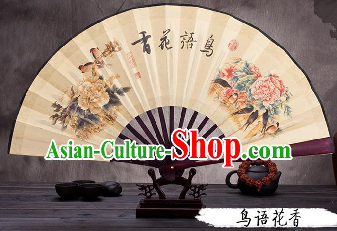 Traditional Chinese Ancient Peking Opera Accessories Scholar Ink Painting Flowers Bird Fan, Traditional Chinese Beijing Opera Young Men Props Folding Fans