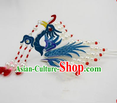 Chinese Ancient Peking Opera Head Accessories Diva Long Tassel Phoenix Hairpins, Traditional Chinese Beijing Opera Princess Hua Tan Hair Clasp Head-ornaments