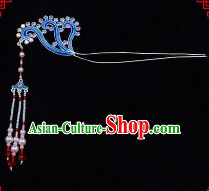 Chinese Ancient Peking Opera Head Accessories Diva Long Tassel Kingfisher Hairpins, Traditional Chinese Beijing Opera Princess Hua Tan Hair Clasp Head-ornaments