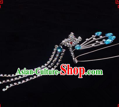 Chinese Ancient Peking Opera Head Accessories Diva Blue Crystal Hairpins Step Shake, Traditional Chinese Beijing Opera Princess Hua Tan Hair Clasp Head-ornaments