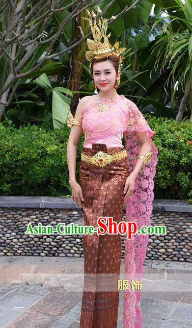 Traditional Traditional Thailand Female Clothing, Southeast Asia Thai Ancient Costume Dai Nationality Wedding Bride Pink Sari Dress for Women