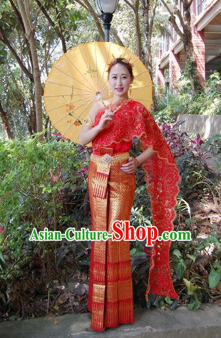 Traditional Traditional Thailand Female Bride Clothing, Southeast Asia Thai Ancient Costumes Dai Nationality Wedding Red Sari Dress for Women