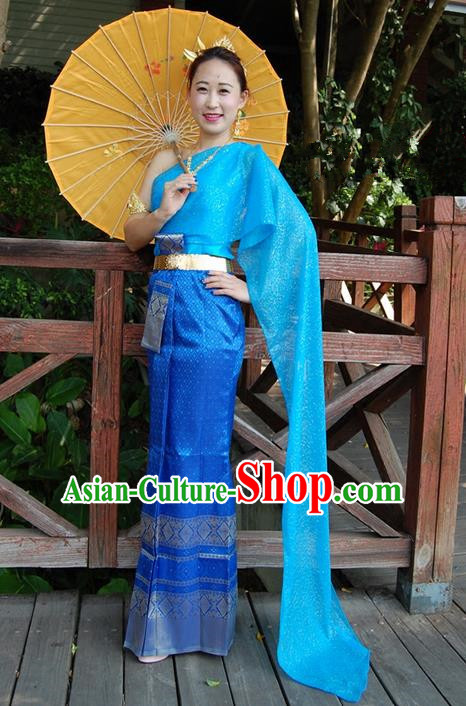 Traditional Traditional Thailand Princess Clothing, Southeast Asia Thai Ancient Costumes Dai Nationality Blue Sari Dress for Women