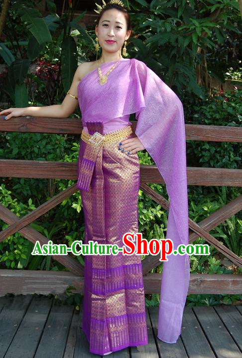 Traditional Traditional Thailand Princess Clothing, Southeast Asia Thai Ancient Costumes Dai Nationality Lilac Sari Dress for Women