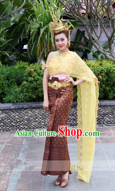 Traditional Traditional Thailand Female Clothing, Southeast Asia Thai Ancient Costumes Dai Nationality Water-Sprinkling Festival Brown Sari Dress for Women