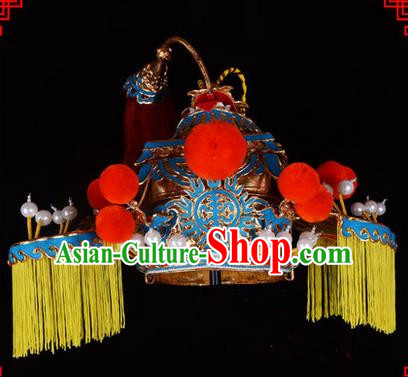 Traditional Chinese Ancient Peking Opera Accessories Senior Grand Tutor Hat, Traditional Chinese Beijing Opera Grand Councilor Headwear Top Grade Helmet Crown