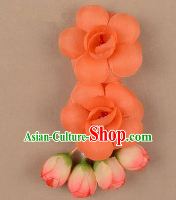 Chinese Ancient Peking Opera Hair Accessories Diva Temple Orange Flowers Hairpins, Traditional Chinese Beijing Opera Princess Hua Tan Hair Clasp Head-ornaments