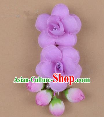 Chinese Ancient Peking Opera Hair Accessories Diva Temple Purple Flowers Hairpins, Traditional Chinese Beijing Opera Princess Hua Tan Hair Clasp Head-ornaments
