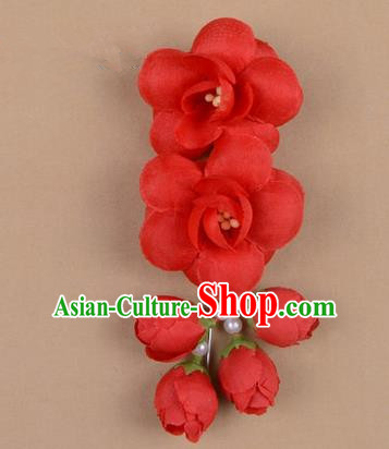 Chinese Ancient Peking Opera Hair Accessories Diva Temple Red Flowers Hairpins, Traditional Chinese Beijing Opera Princess Hua Tan Hair Clasp Head-ornaments