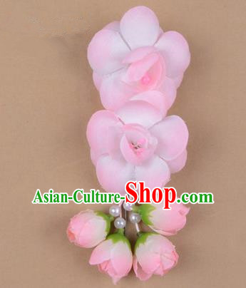 Chinese Ancient Peking Opera Hair Accessories Diva Temple White Pink Flowers Hairpins, Traditional Chinese Beijing Opera Princess Hua Tan Hair Clasp Head-ornaments