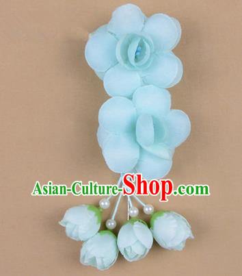 Chinese Ancient Peking Opera Hair Accessories Diva Temple Light Blue Flowers Hairpins, Traditional Chinese Beijing Opera Princess Hua Tan Hair Clasp Head-ornaments