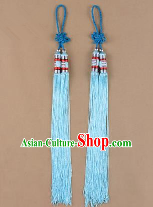 Traditional Chinese Ancient Peking Opera Taiji Sword Tassel, Traditional Chinese Beijing Opera Light Blue Long Tassel Straightsword Hat Tassels