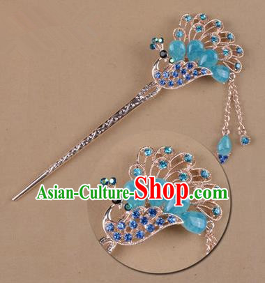 Top Grade Chinese Ancient Peking Opera Hair Accessories Diva Blue Crystal Peacock Hairpins Step Shake, Traditional Chinese Beijing Opera Princess Hua Tan Hair Clasp Head-ornaments