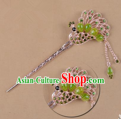 Top Grade Chinese Ancient Peking Opera Hair Accessories Diva Green Crystal Peacock Hairpins Step Shake, Traditional Chinese Beijing Opera Hua Tan Hair Clasp Head-ornaments