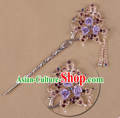 Top Grade Chinese Ancient Peking Opera Hair Accessories Diva Purple Crystal Flowers Hairpins Step Shake, Traditional Chinese Beijing Opera Hua Tan Hair Clasp Head-ornaments