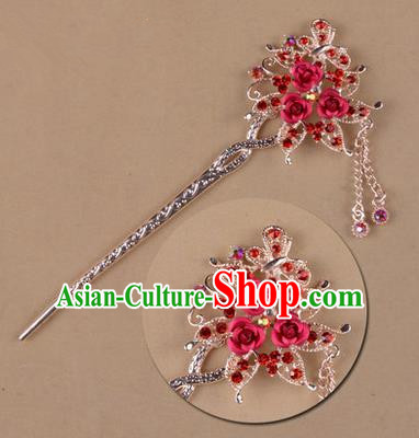 Top Grade Chinese Ancient Peking Opera Hair Accessories Diva Red Crystal Flowers Hairpins Step Shake, Traditional Chinese Beijing Opera Hua Tan Hair Clasp Head-ornaments