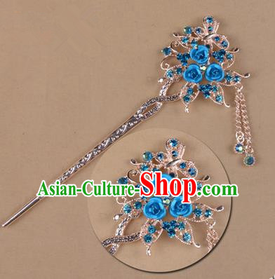 Top Grade Chinese Ancient Peking Opera Hair Accessories Diva Blue Crystal Flowers Hairpins Step Shake, Traditional Chinese Beijing Opera Hua Tan Hair Clasp Head-ornaments