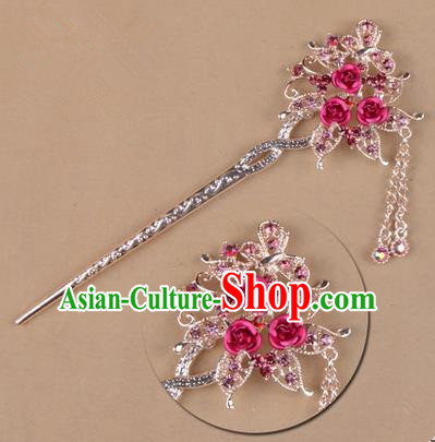 Top Grade Chinese Ancient Peking Opera Hair Accessories Diva Pink Crystal Flowers Hairpins Step Shake, Traditional Chinese Beijing Opera Hua Tan Hair Clasp Head-ornaments
