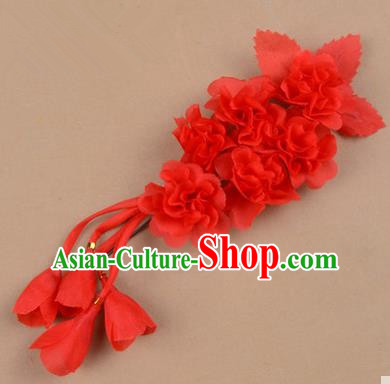 Top Grade Chinese Ancient Peking Opera Hair Accessories Diva Crystal Temple Red Jasmine Flowers Hairpins, Traditional Chinese Beijing Opera Hua Tan Hair Clasp Head-ornaments