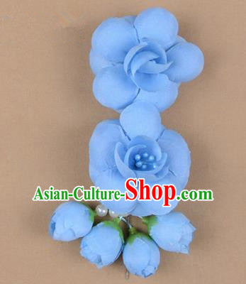 Chinese Ancient Peking Opera Hair Accessories Diva Temple Blue Flowers Hairpins, Traditional Chinese Beijing Opera Princess Hua Tan Hair Clasp Head-ornaments