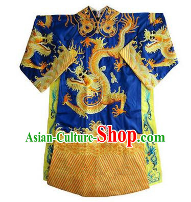 Traditional Chinese Beijing Opera Emperor Clothing, China Peking Opera King Blue Embroidered Dragon Robe Opera Costumes