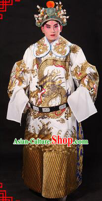 Traditional Chinese Beijing Opera Emperor Clothing and Headwear Complete Set, China Peking Opera His Royal Highness Embroidered Dragon Robe White Opera Costumes