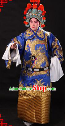 Traditional Chinese Beijing Opera Emperor Clothing and Headwear Complete Set, China Peking Opera His Royal Highness Embroidered Dragon Robe Blue Opera Costumes
