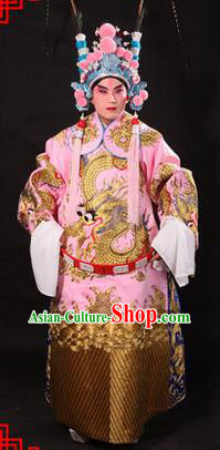 Traditional Chinese Beijing Opera Emperor Clothing and Headwear Complete Set, China Peking Opera His Royal Highness Embroidered Dragon Robe Pink Opera Costumes