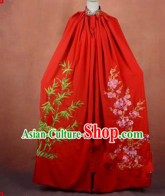 Traditional Chinese Beijing Opera Shaoxing Opera Young Lady Clothing Red Cloak, China Peking Opera Diva Role Hua Tan Costume Embroidered Plum Blossoms Orchid Bamboo and Chrysanthemum Mantle