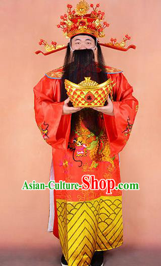 Traditional Chinese Beijing Opera Niche God of Wealth Clothing and Boots Complete Set, China Peking Opera Mammon Embroidered Robe Opera Costumes