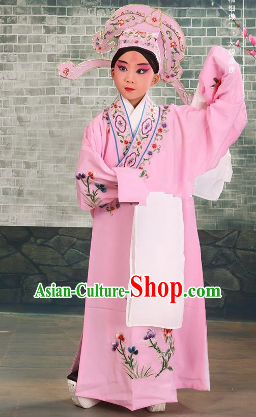 Traditional Chinese Beijing Opera Niche Pink Children Clothing and Boots Complete Set, China Peking Opera Young Men Costume Embroidered Robe for Kids