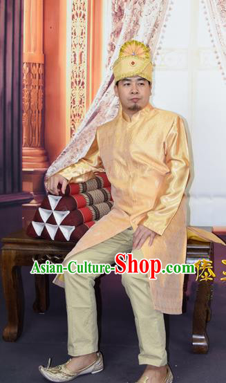 Traditional Traditional Thailand Male Clothing, Southeast Asia Thai Ancient Costumes Dai Nationality Golden Long Robe Dust Coat for Men