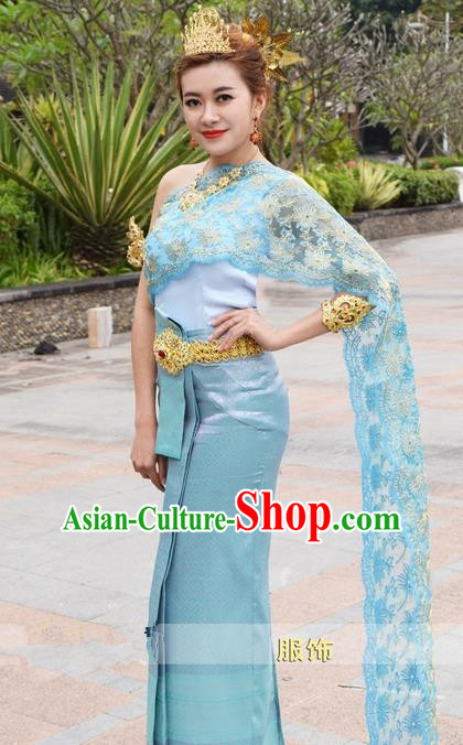 Traditional Traditional Thailand Female Bride Clothing, Southeast Asia Thai Ancient Costumes Dai Nationality Water-Sprinkling Festival Blue Wedding Sari Dress for Women