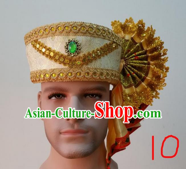 Traditional Traditional Thailand Accessories Green Crystal Hat, Southeast Asia Thai Dai Nationality Headwear for Men