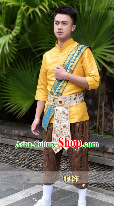 Traditional Traditional Thailand Male Clothing, Southeast Asia Thai Ancient Costumes Dai Nationality Golden Shirt and Pants for Men